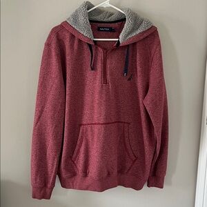 Nautica Men's Heathered Red Sherpa-Lined Hood Half-Zip Hoodie Sweater size L